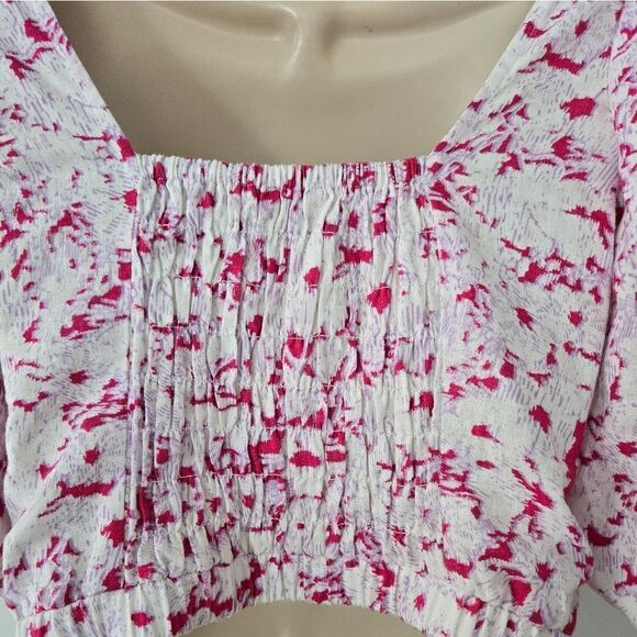 Open Edit Puff Sleeve Square Neck Floral Print Crop Top Linen blend - Picture 6 of 8